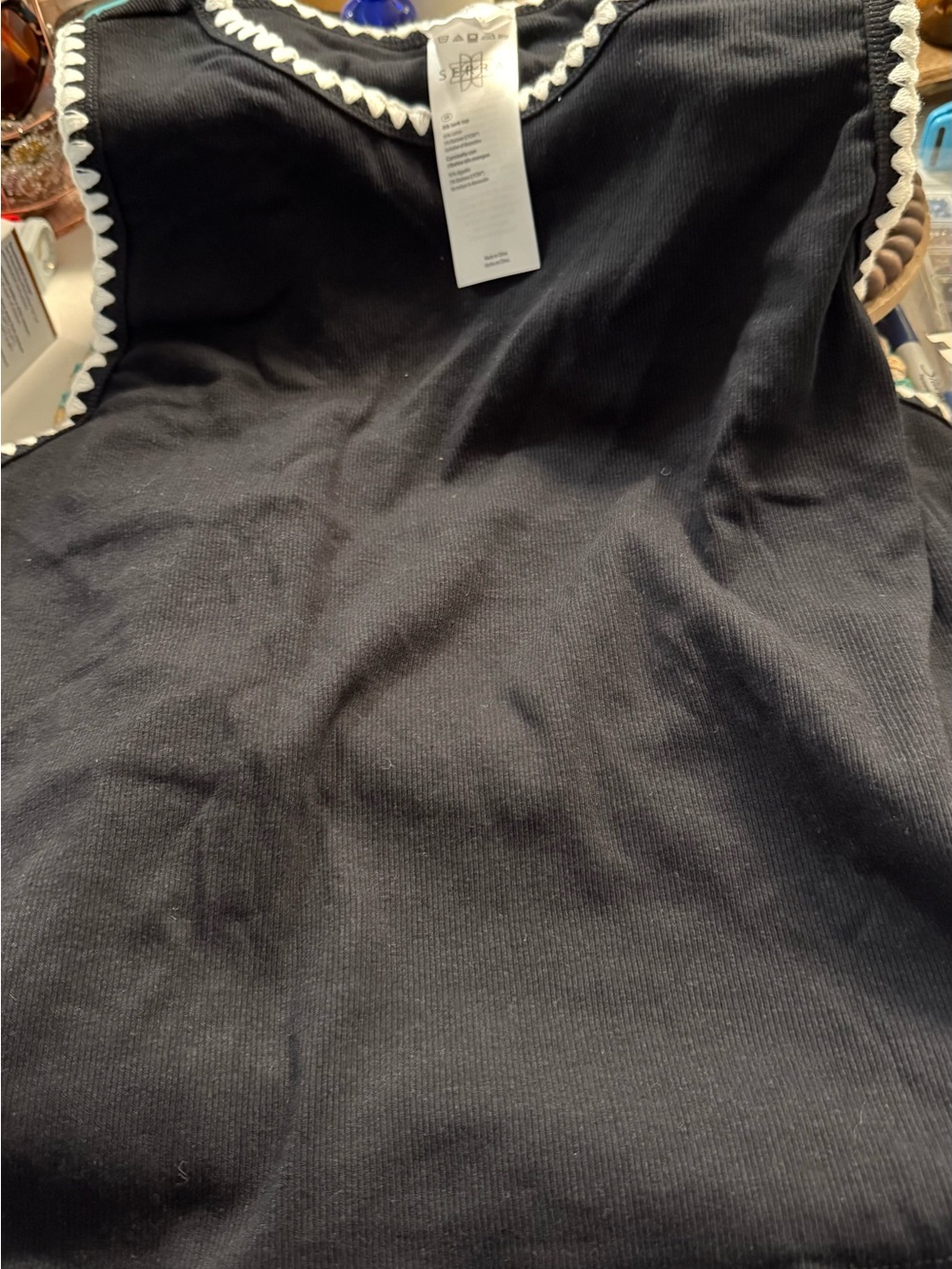 2-Serra & Black Ribbed Tank with Cream Scallop Trim
Selling as a set